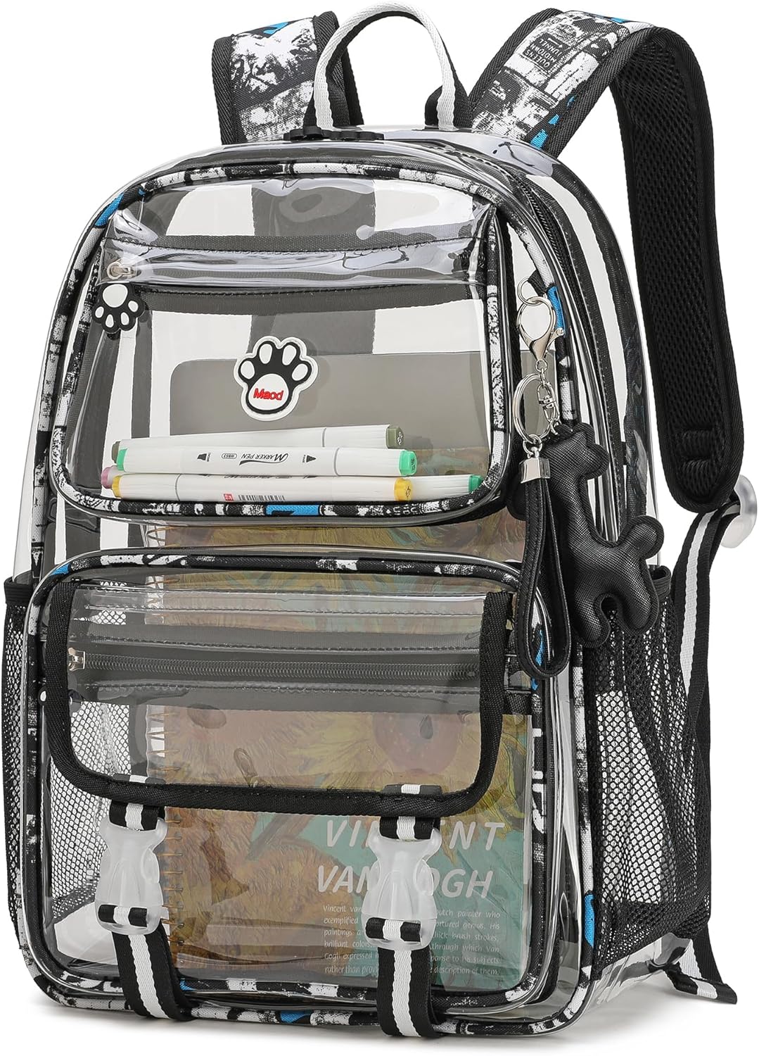 MyDepot Cute Clear Backpack, School Book Bag with Cartoon Stickers & Pendant,Waterproof and Durable PVC Material Backpack