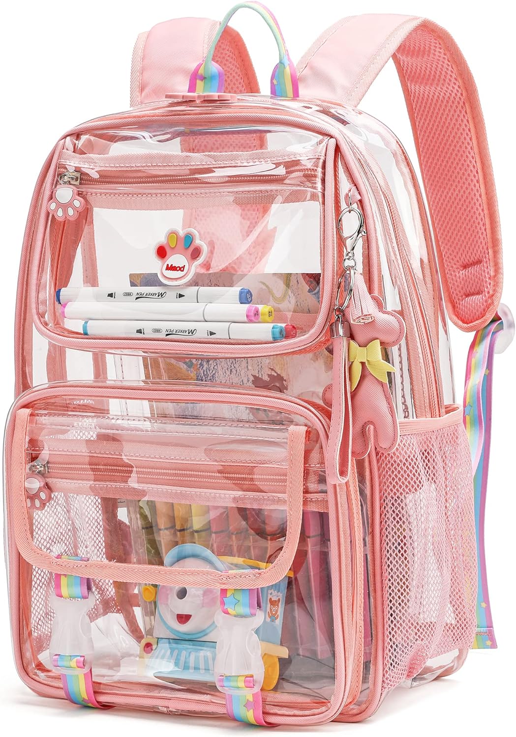 MyDepot Cute Clear Backpack, School Book Bag with Cartoon Stickers & Pendant,Waterproof and Durable PVC Material Backpack