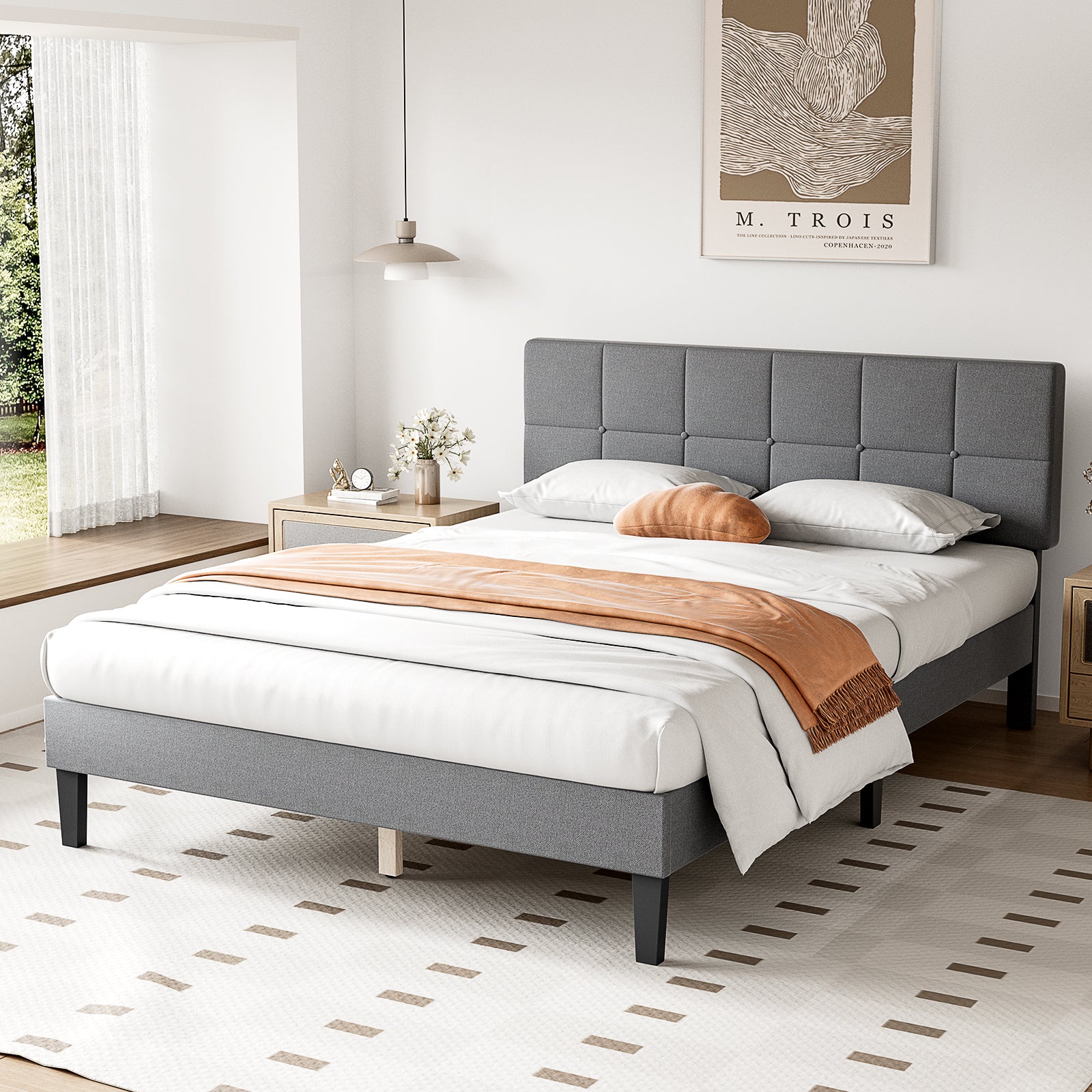 MyDepot Bed Frame - Linen Upholstered Platform Bed with Headboard, No Box Spring