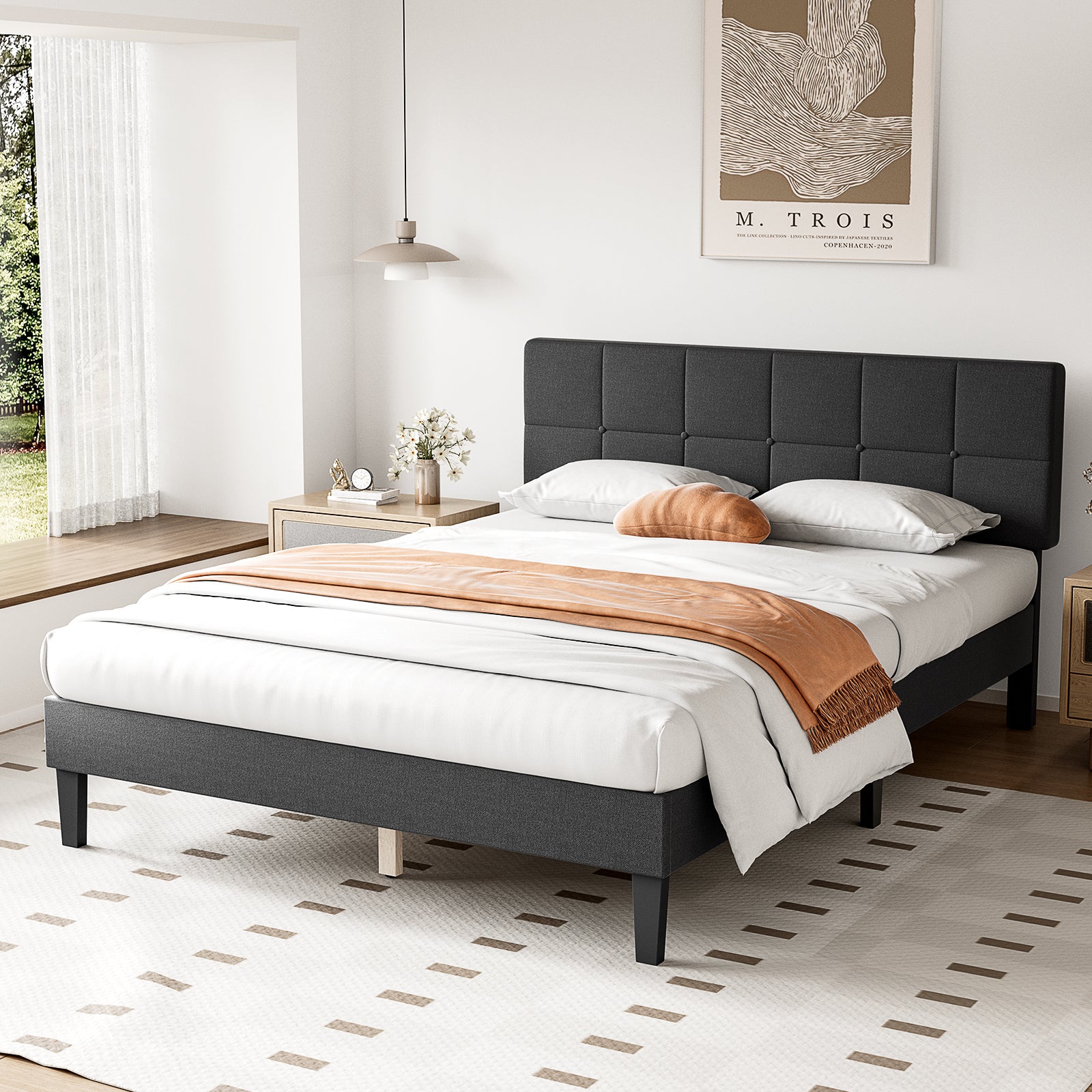 MyDepot Bed Frame - Linen Upholstered Platform Bed with Headboard, No Box Spring