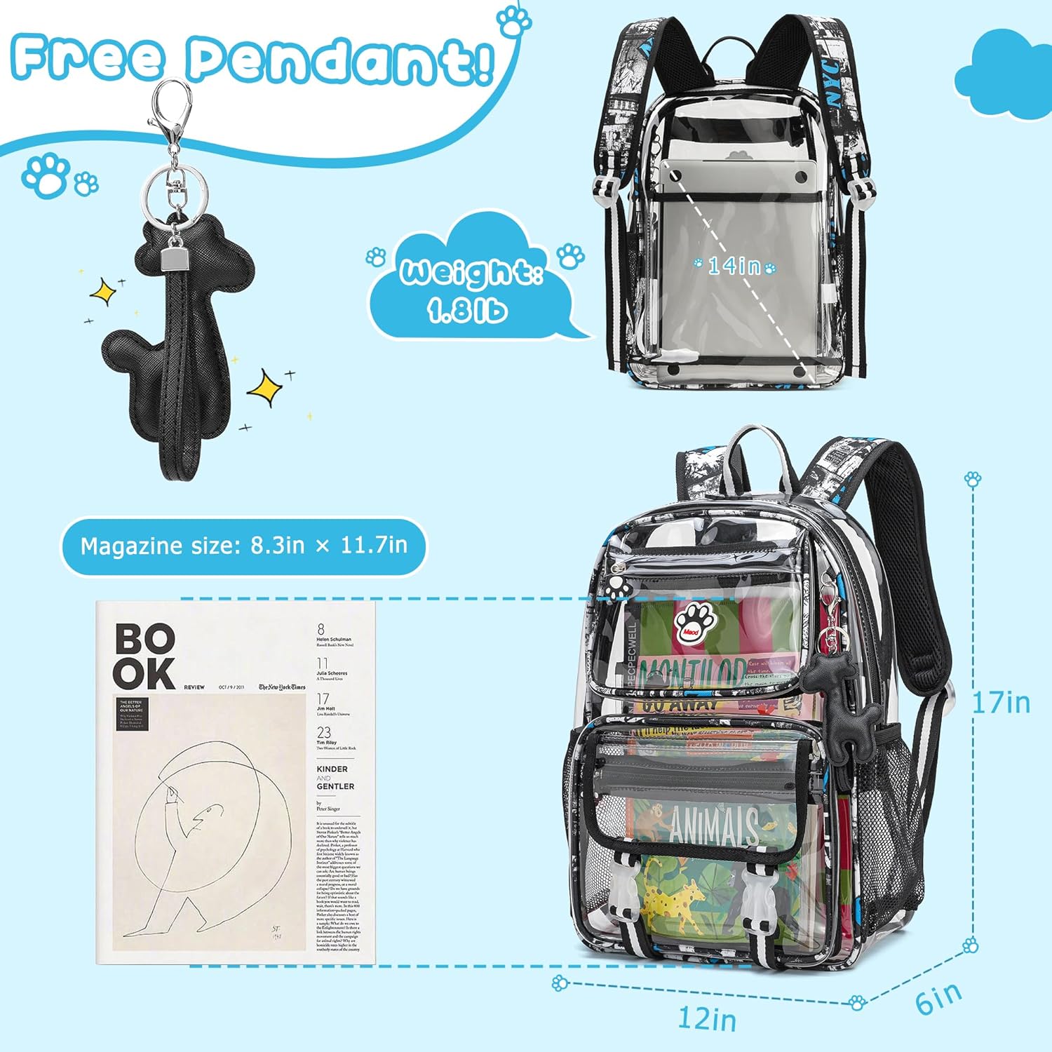 MyDepot Cute Clear Backpack, School Book Bag with Cartoon Stickers & Pendant,Waterproof and Durable PVC Material Backpack