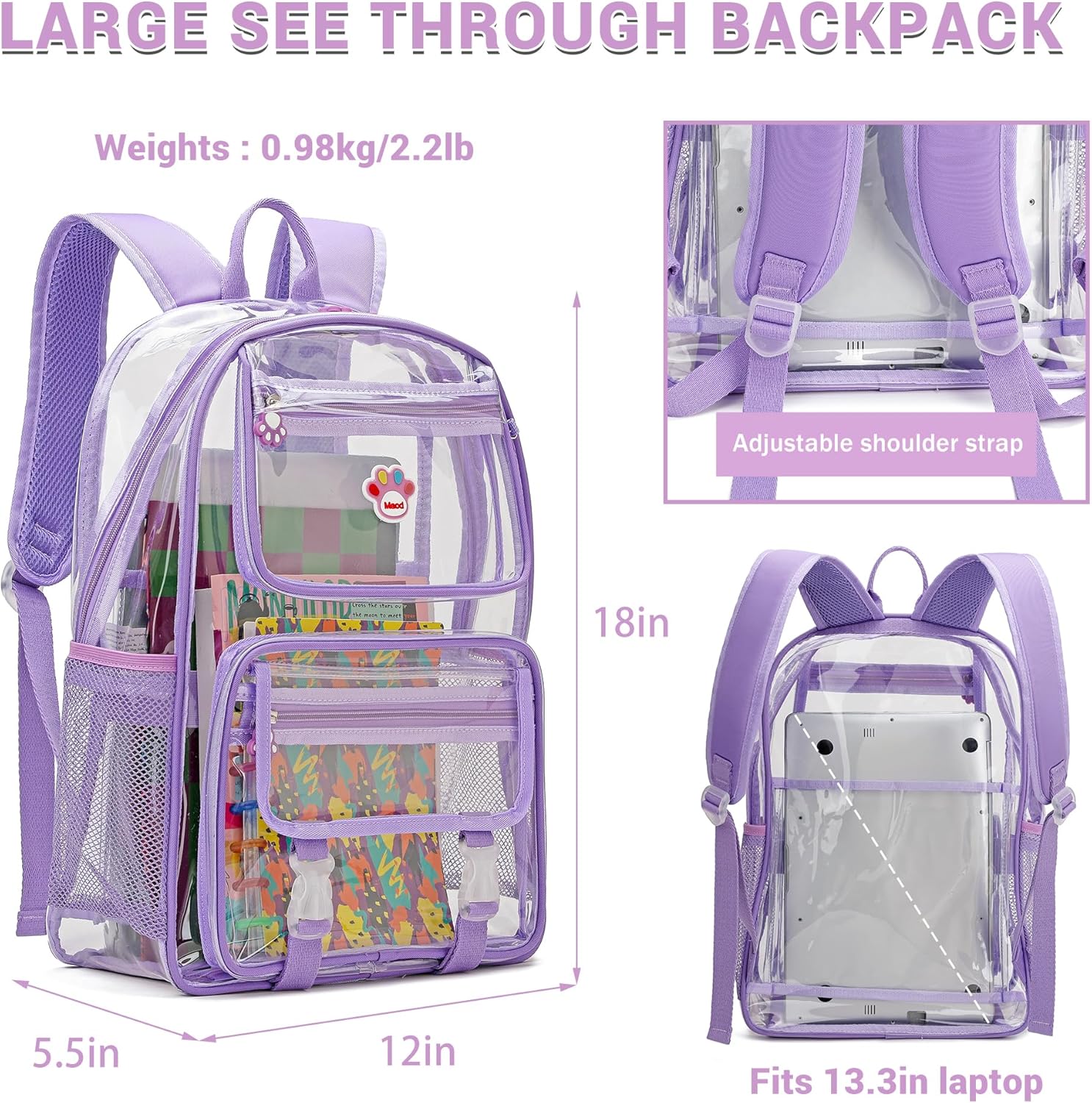 MyDepot Cute Clear Backpack, School Book Bag with Cartoon Stickers & Pendant,Waterproof and Durable PVC Material Backpack