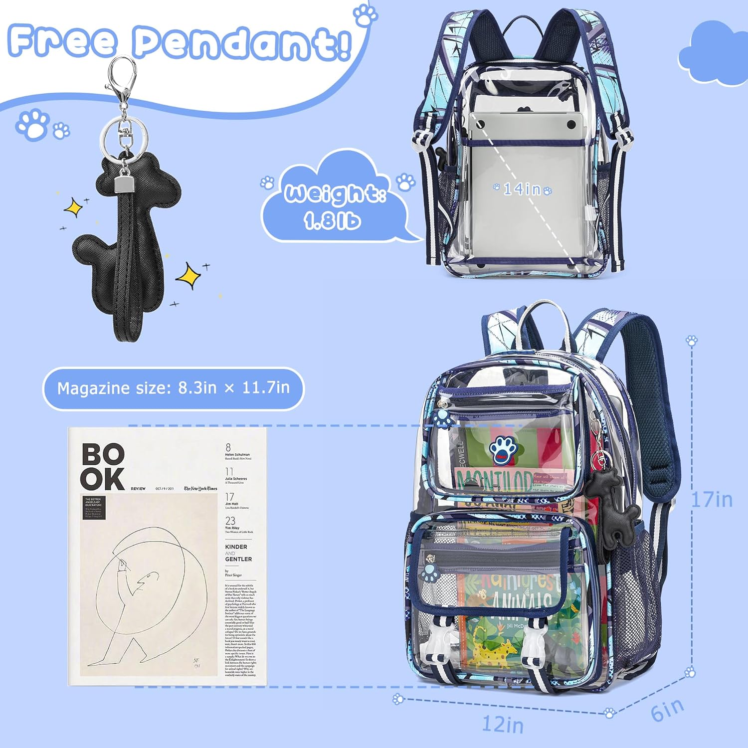 MyDepot Cute Clear Backpack, School Book Bag with Cartoon Stickers & Pendant,Waterproof and Durable PVC Material Backpack