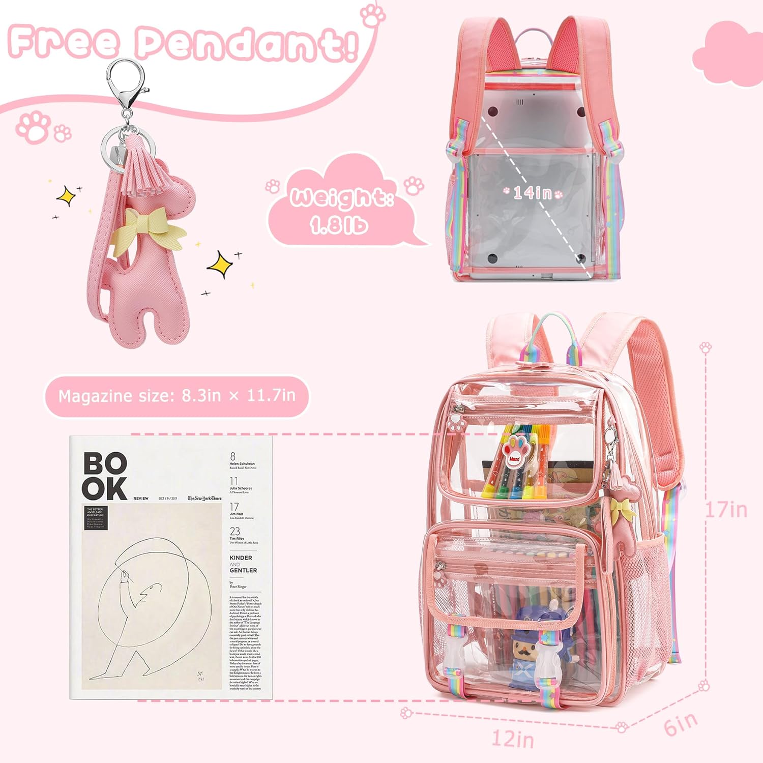 MyDepot Cute Clear Backpack, School Book Bag with Cartoon Stickers & Pendant,Waterproof and Durable PVC Material Backpack