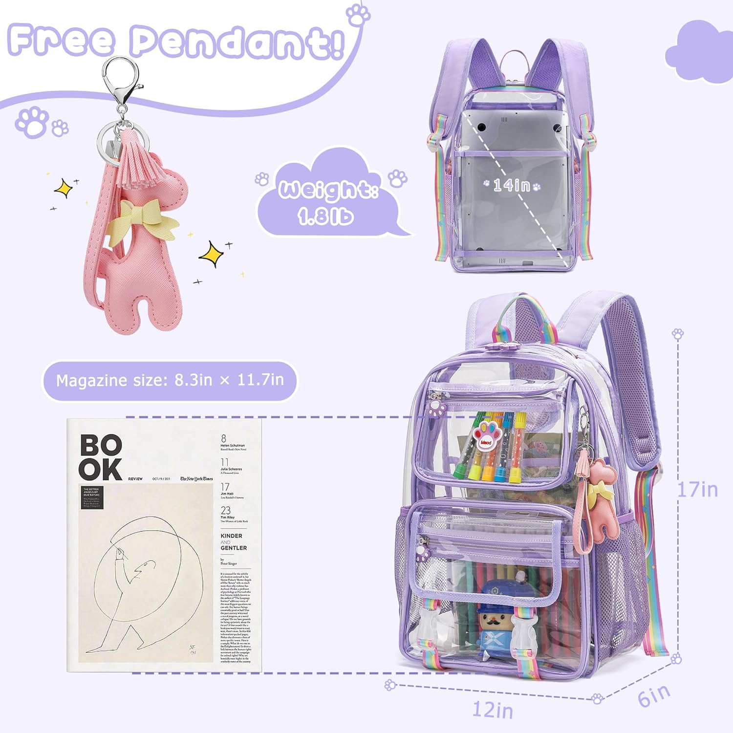 MyDepot Cute Clear Backpack, School Book Bag with Cartoon Stickers & Pendant,Waterproof and Durable PVC Material Backpack