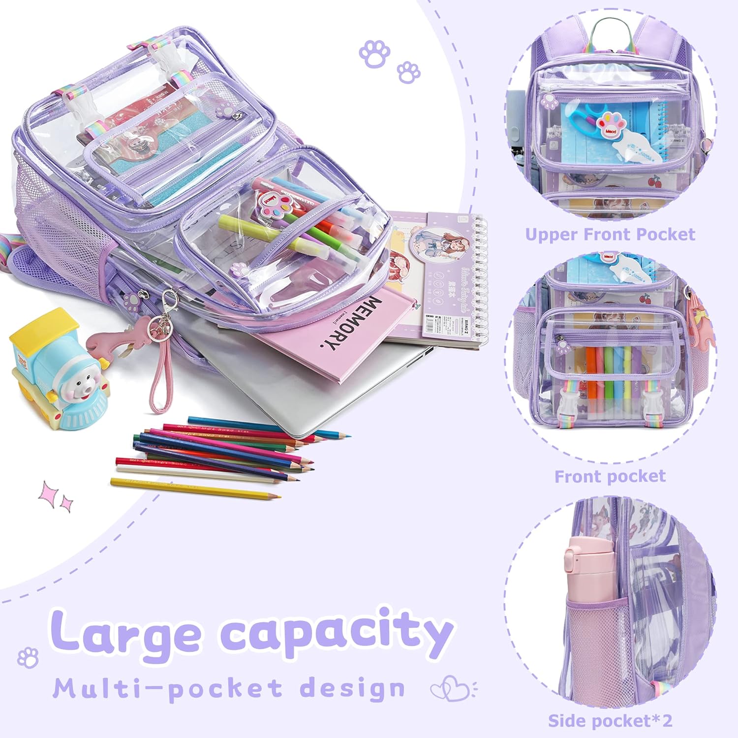 MyDepot Cute Clear Backpack, School Book Bag with Cartoon Stickers & Pendant,Waterproof and Durable PVC Material Backpack