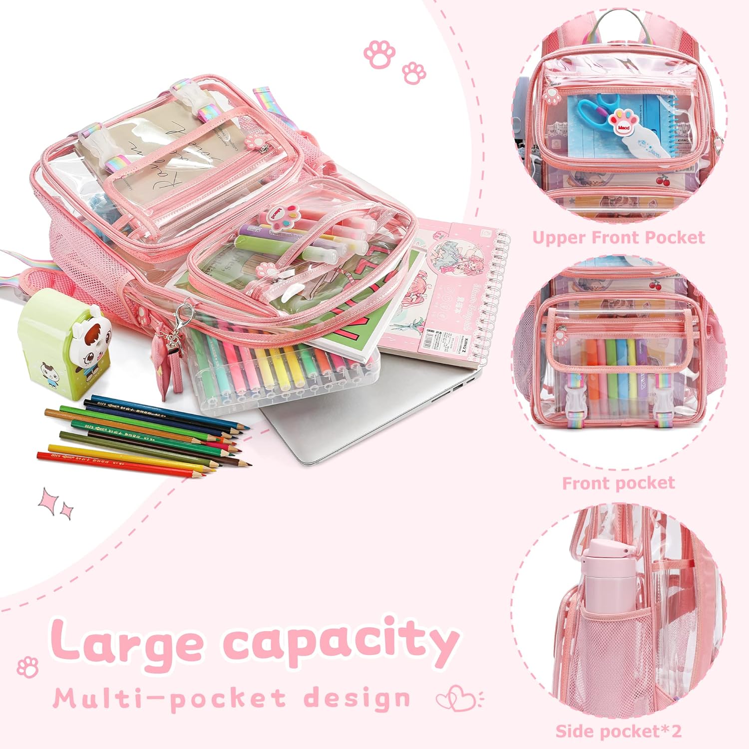 MyDepot Cute Clear Backpack, School Book Bag with Cartoon Stickers & Pendant,Waterproof and Durable PVC Material Backpack