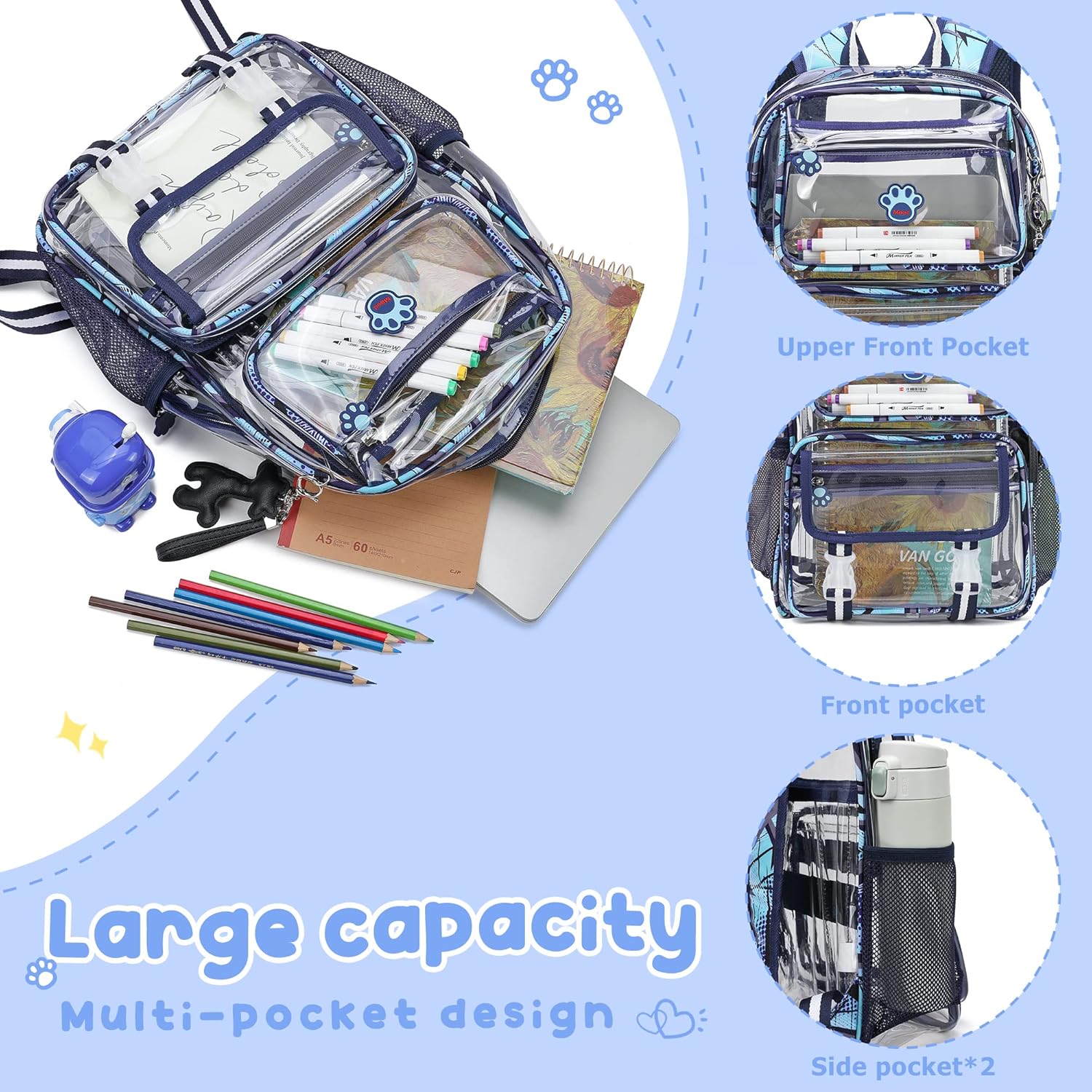 MyDepot Cute Clear Backpack, School Book Bag with Cartoon Stickers & Pendant,Waterproof and Durable PVC Material Backpack