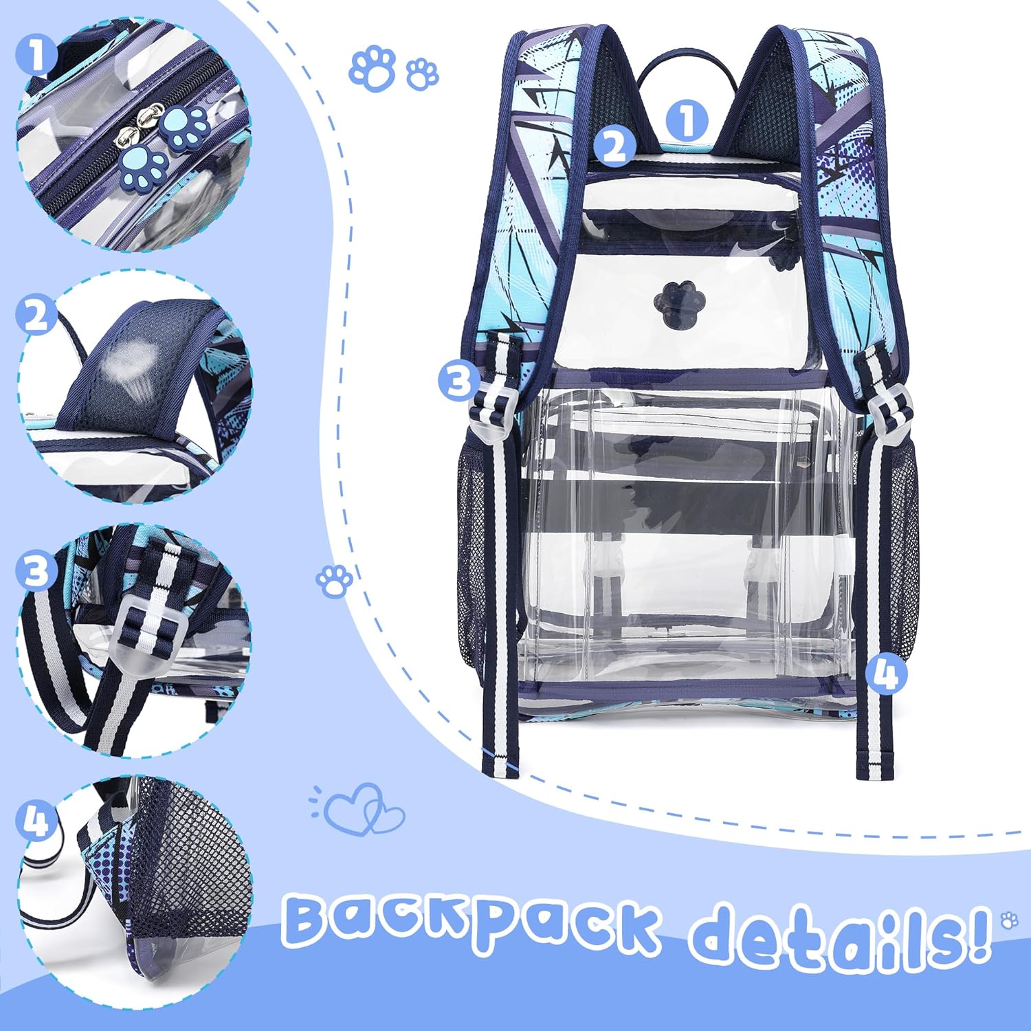 MyDepot Cute Clear Backpack, School Book Bag with Cartoon Stickers & Pendant,Waterproof and Durable PVC Material Backpack