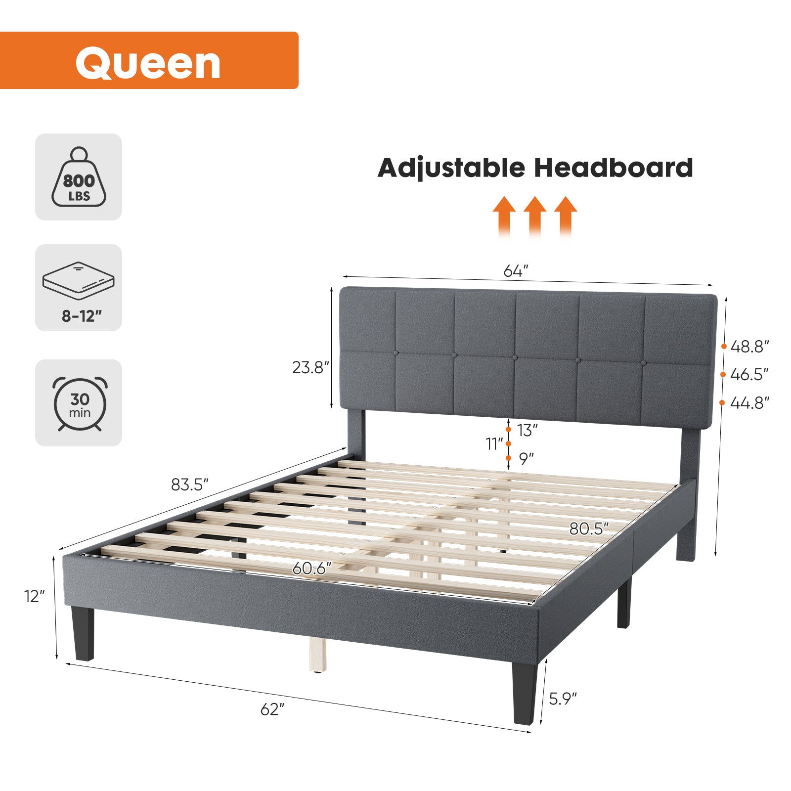 MyDepot Bed Frame - Linen Upholstered Platform Bed with Headboard, No Box Spring