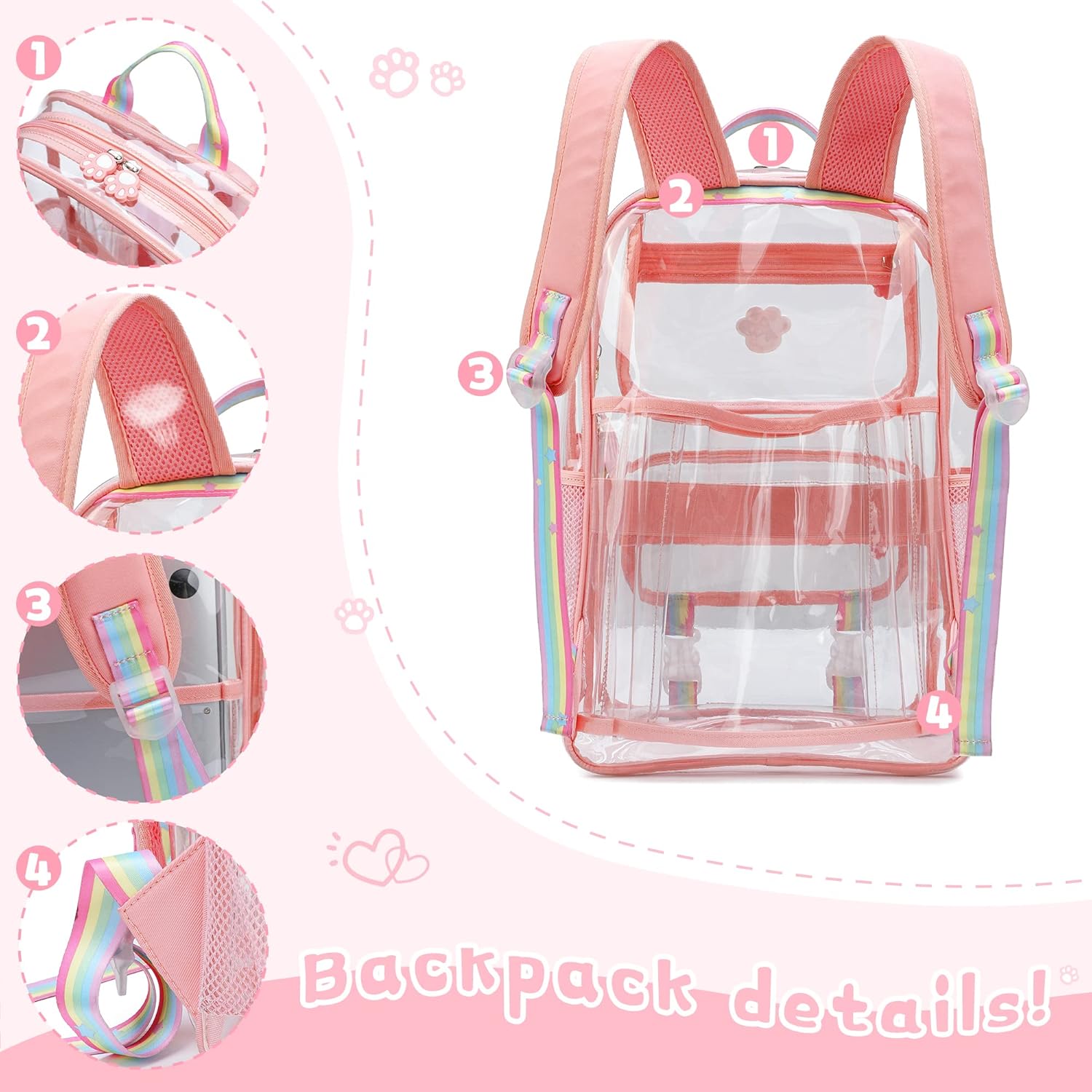 MyDepot Cute Clear Backpack, School Book Bag with Cartoon Stickers & Pendant,Waterproof and Durable PVC Material Backpack