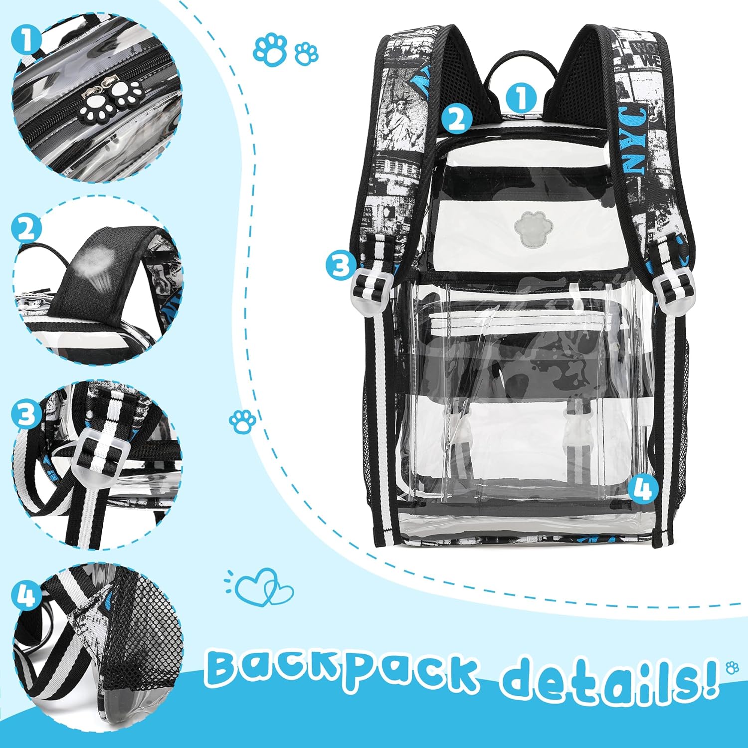 MyDepot Cute Clear Backpack, School Book Bag with Cartoon Stickers & Pendant,Waterproof and Durable PVC Material Backpack