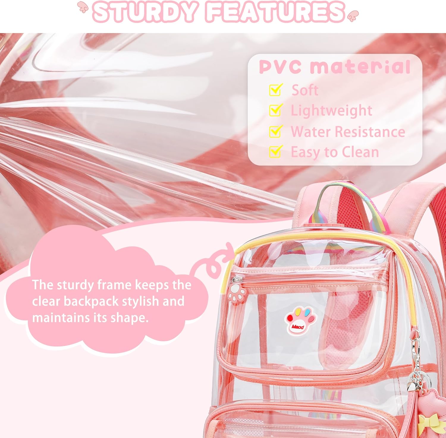 MyDepot Cute Clear Backpack, School Book Bag with Cartoon Stickers & Pendant,Waterproof and Durable PVC Material Backpack