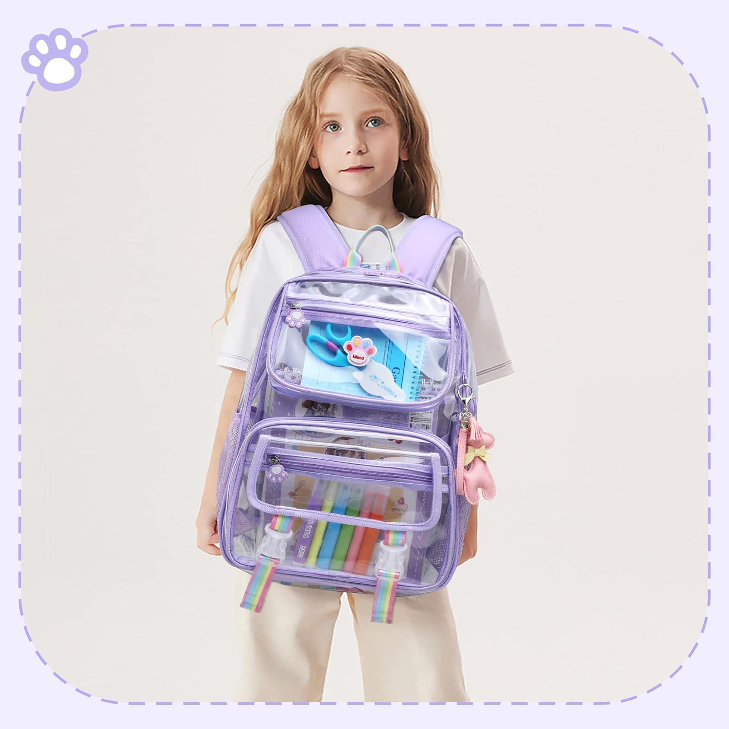 MyDepot Cute Clear Backpack, School Book Bag with Cartoon Stickers & Pendant,Waterproof and Durable PVC Material Backpack