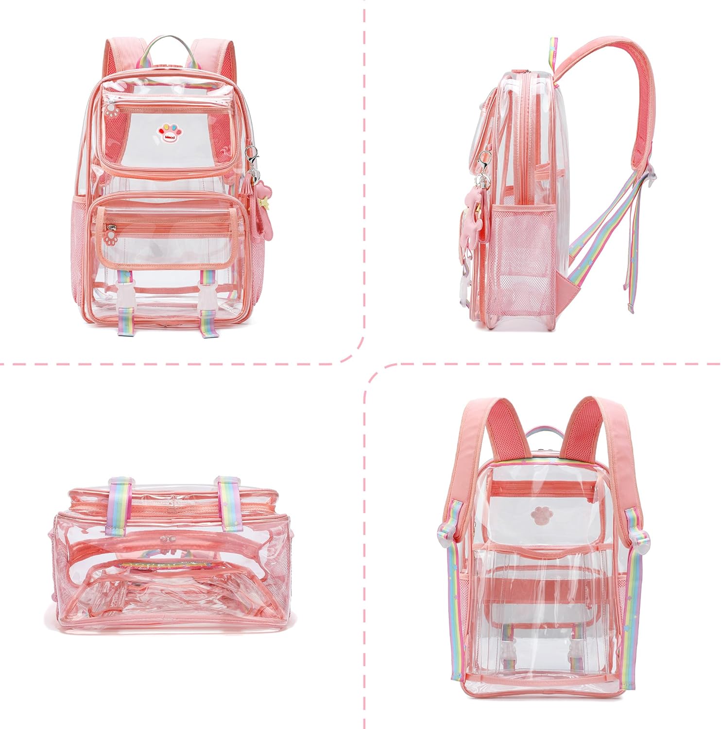 MyDepot Cute Clear Backpack, School Book Bag with Cartoon Stickers & Pendant,Waterproof and Durable PVC Material Backpack