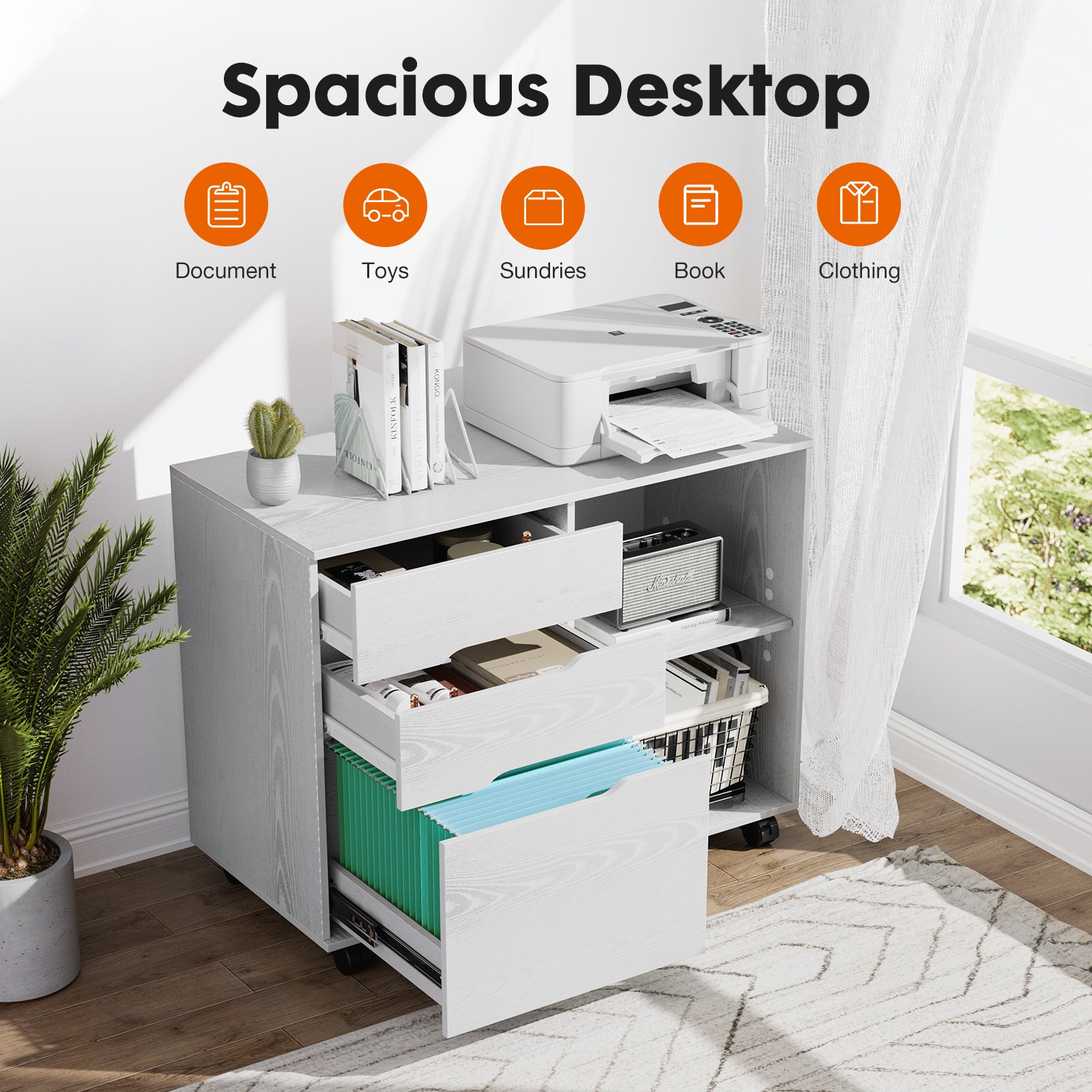 MyDepot Wooden 3-Drawer Filing Cabinet and Printer Stand with wheels