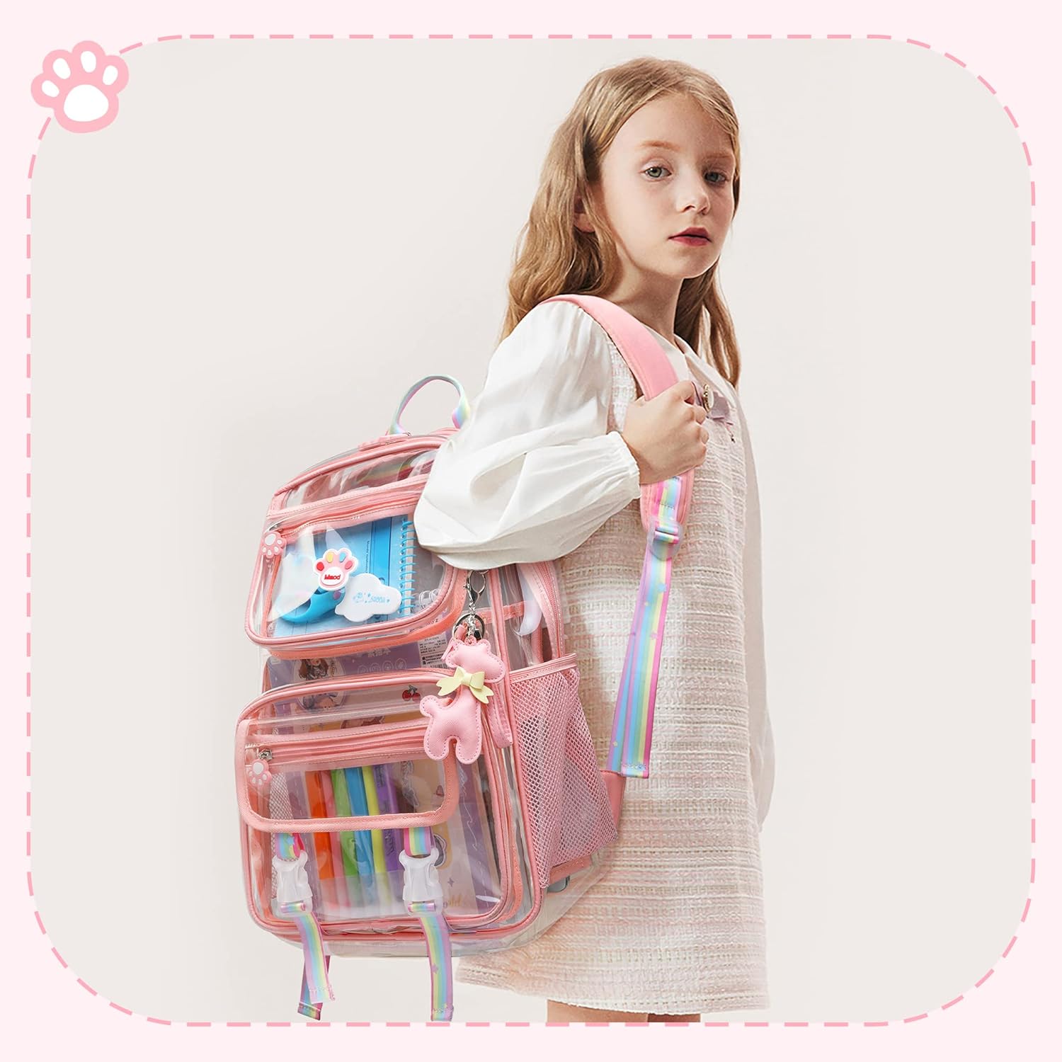 MyDepot Cute Clear Backpack, School Book Bag with Cartoon Stickers & Pendant,Waterproof and Durable PVC Material Backpack