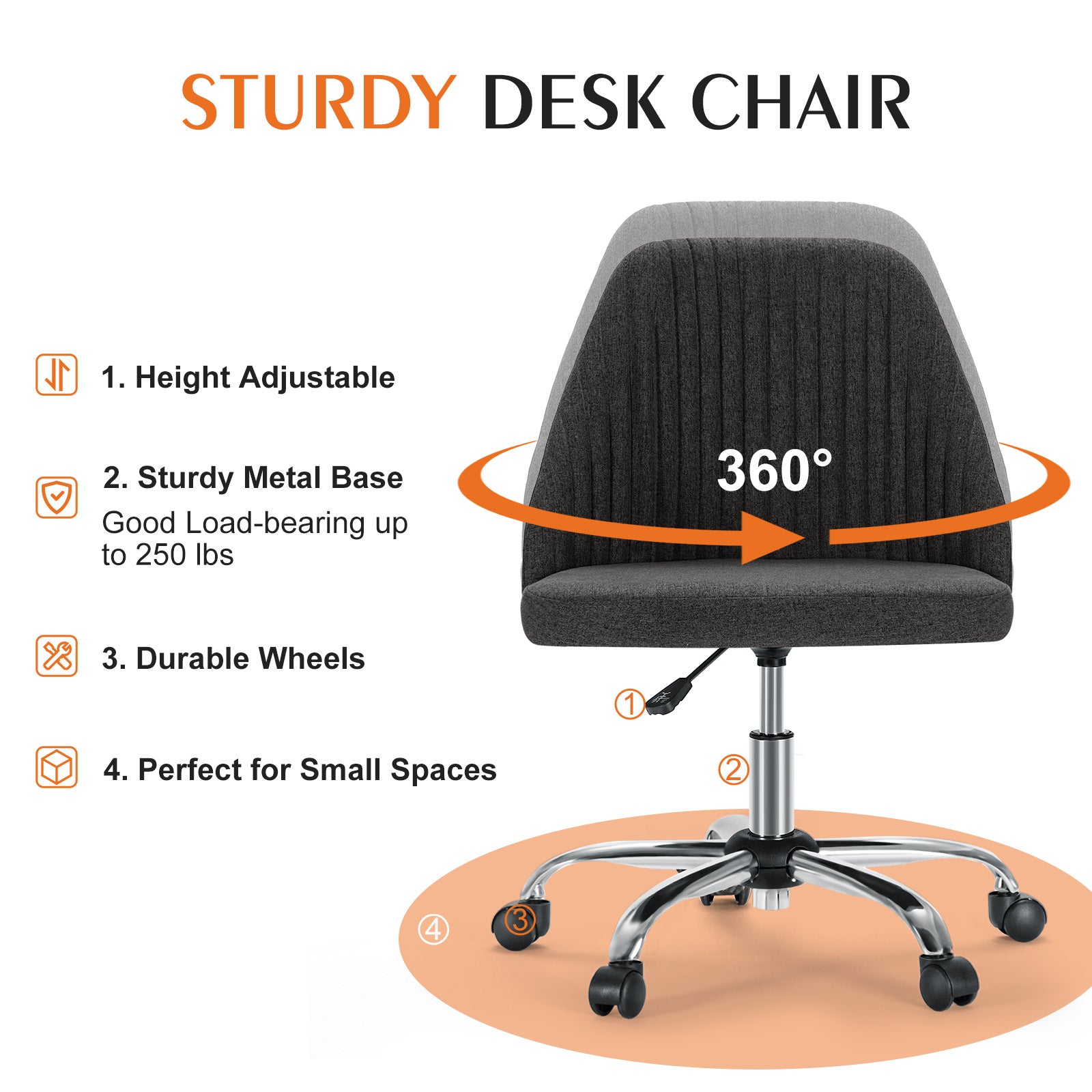 MyDepot Adjustable Rolling Home or Office Armless Desk Chair