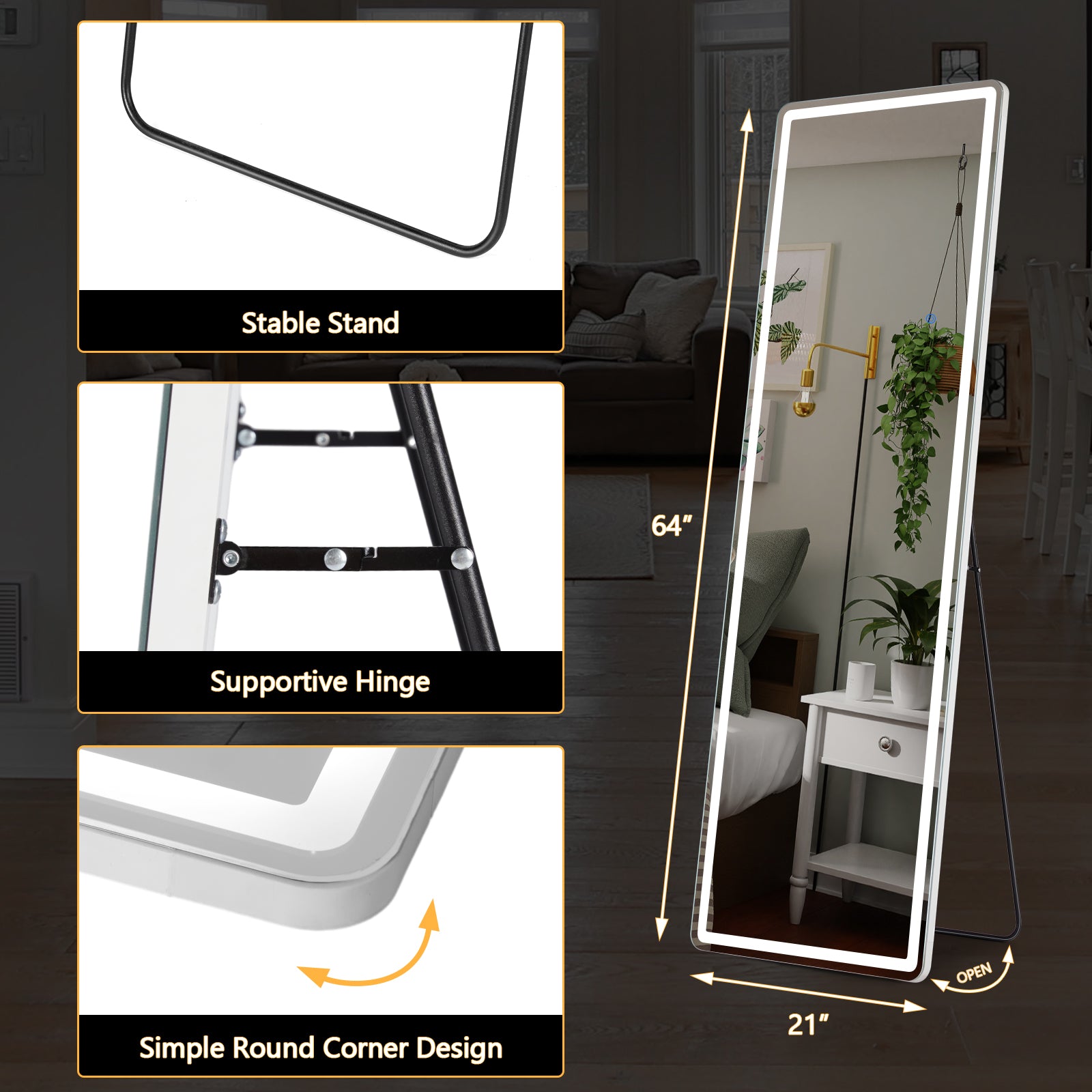 MyDepot Full Length Mirror with LED Lights 64"x21" with Stand