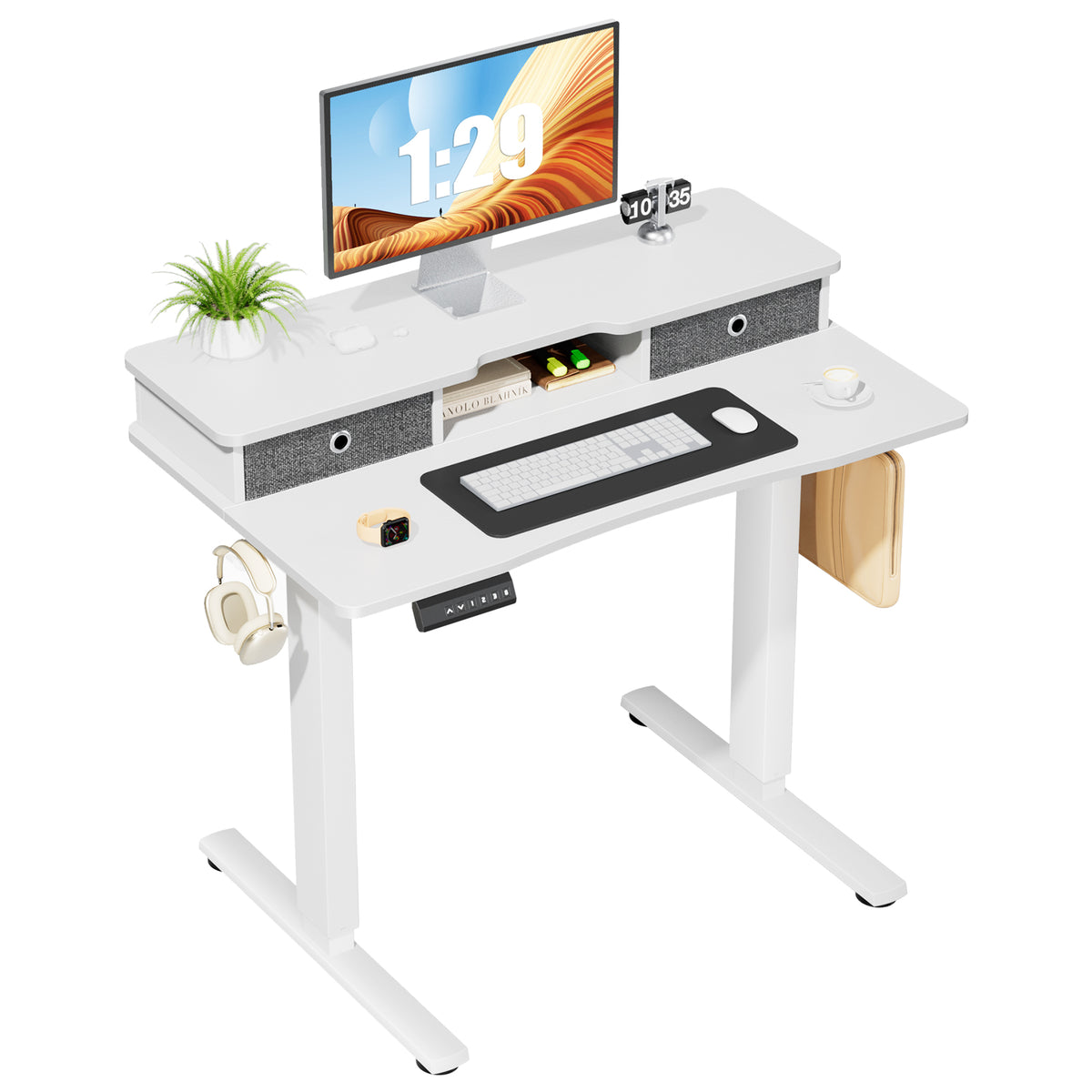 MyDepot Height Adjustable Electric Standing Desk with Storage Shelf Double Drawer